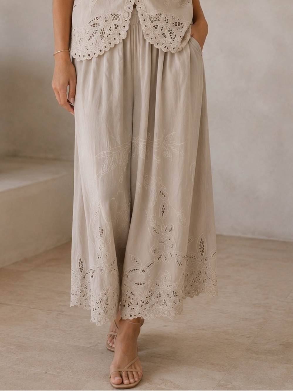 Vintage YAYA Embroidered Eyelet Maxi Skirt taupe beige neutral
